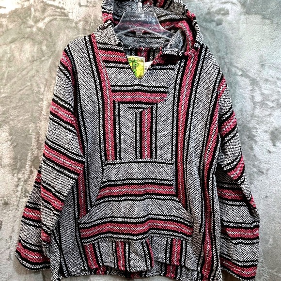 Iguana Jack Tops - Iguana Jack Baja Hoodie Pink Black White Striped Mexican Blanket Pullover Medium